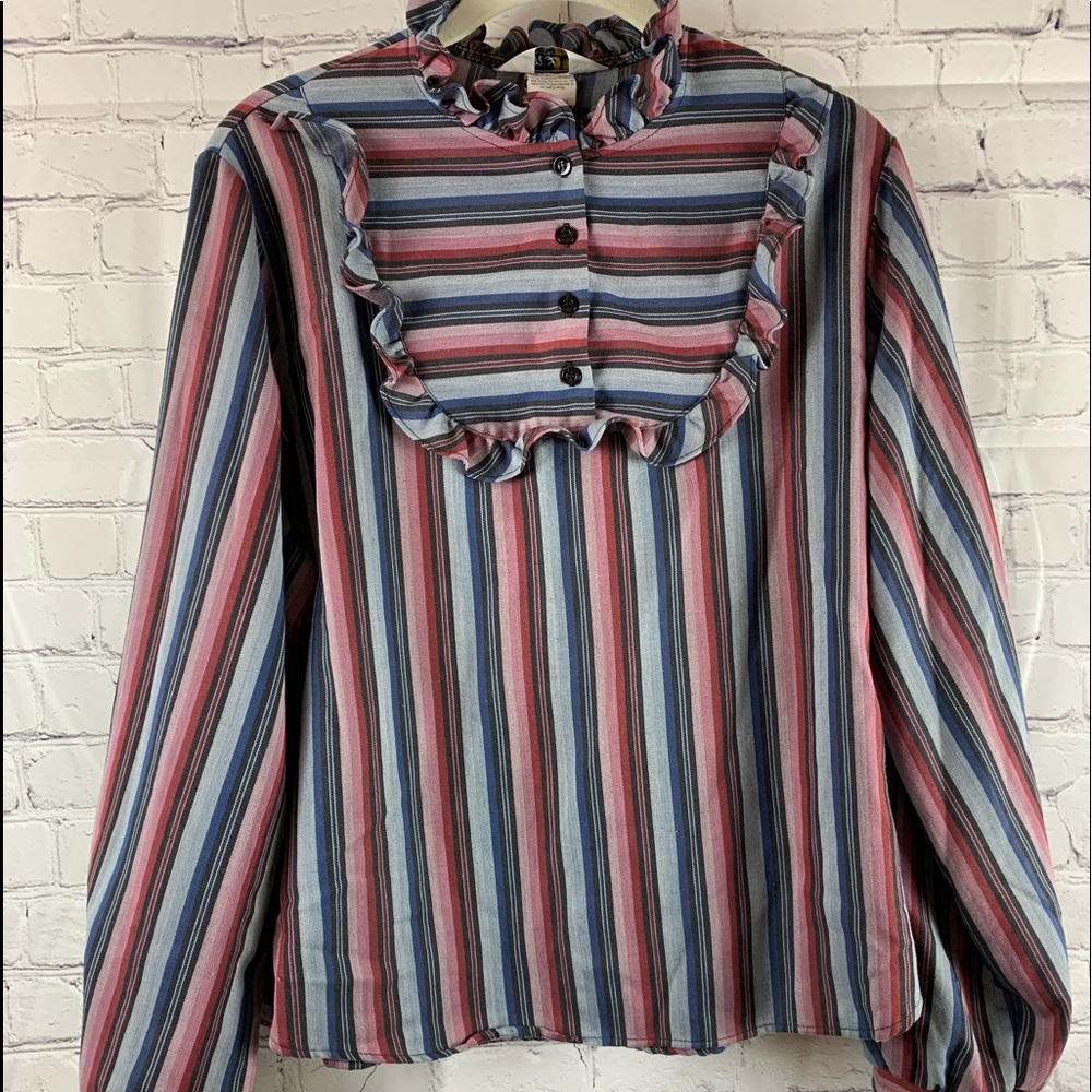 VINTAGE MLM Blouse Cute Southern Striped Blue & Pink Ruffle Collar